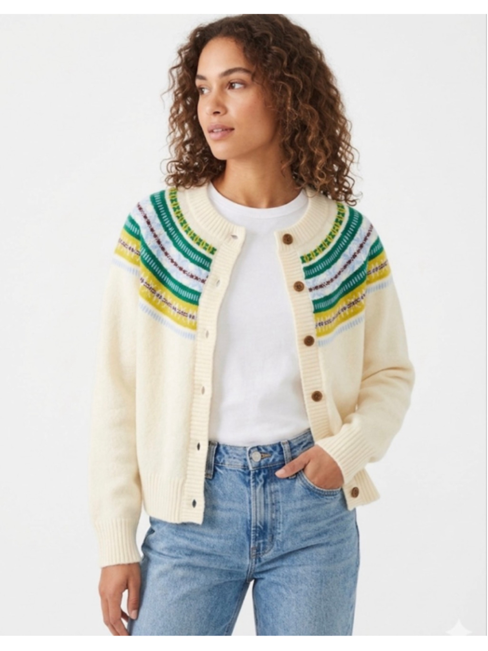 Fair Isle Cardigan Cream and Green Presumed Size M